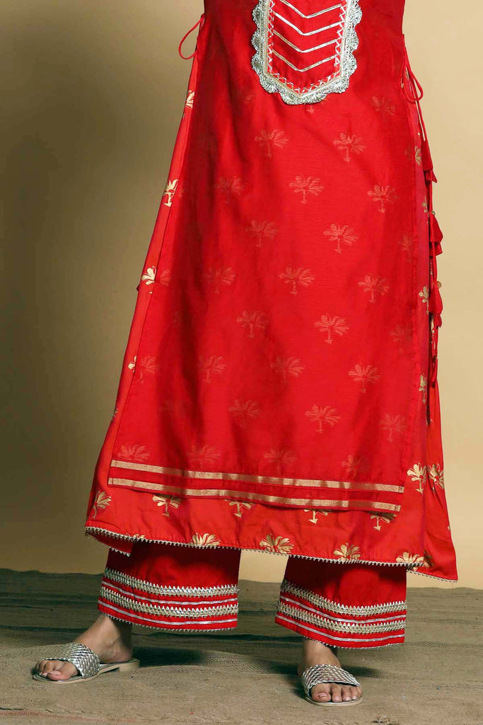 Red Straight Fit Pants With Gota Work On Flares