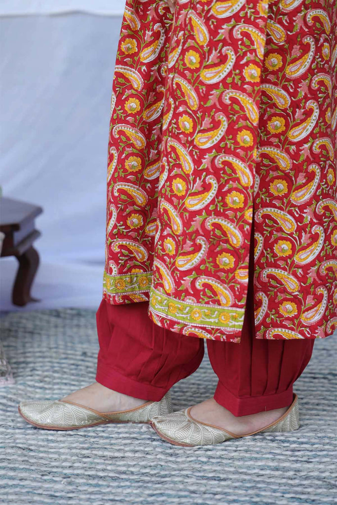 Cotton Straight Pants With Elasticated Waist In DeepRed Color In Salwar Style