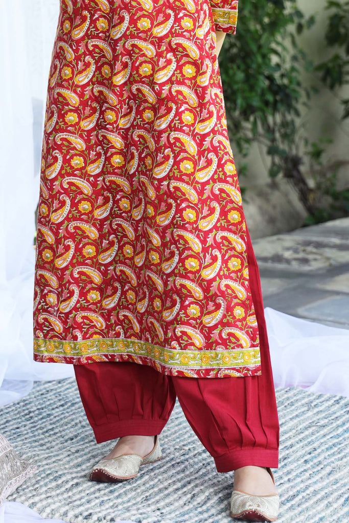 Cotton Straight Pants With Elasticated Waist In DeepRed Color In Salwar Style