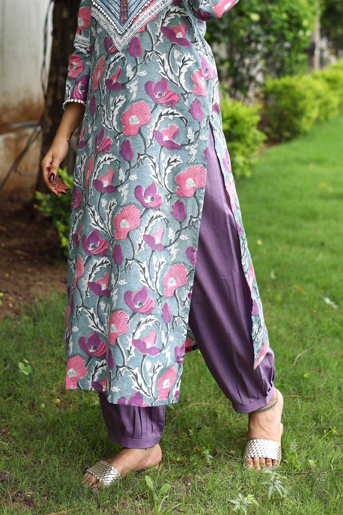 Cotton Straight Pants With Elasticated Waist In Blueberry purple Color In Salwar Style