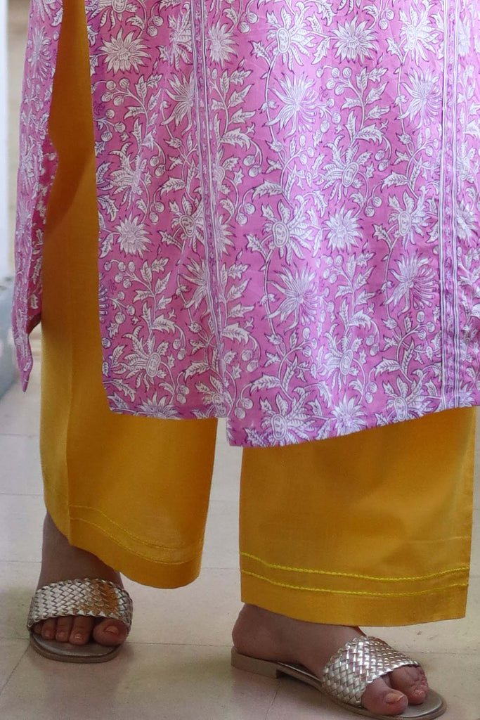 Yellow Cotton Straight Pants With Elasticated Waist