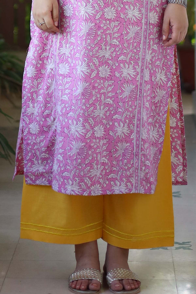 Yellow Cotton Straight Pants With Elasticated Waist