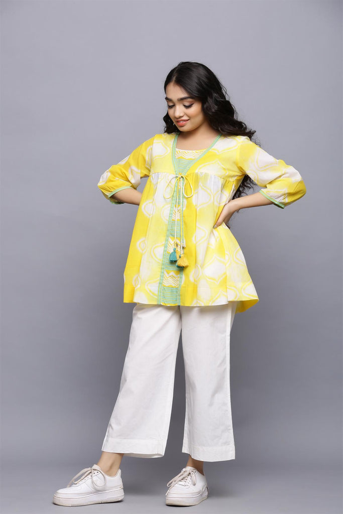 Short length Kurti in yellow tie and dye print