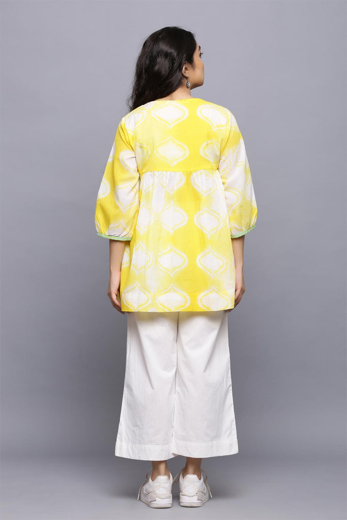 Short length Kurti in yellow tie and dye print