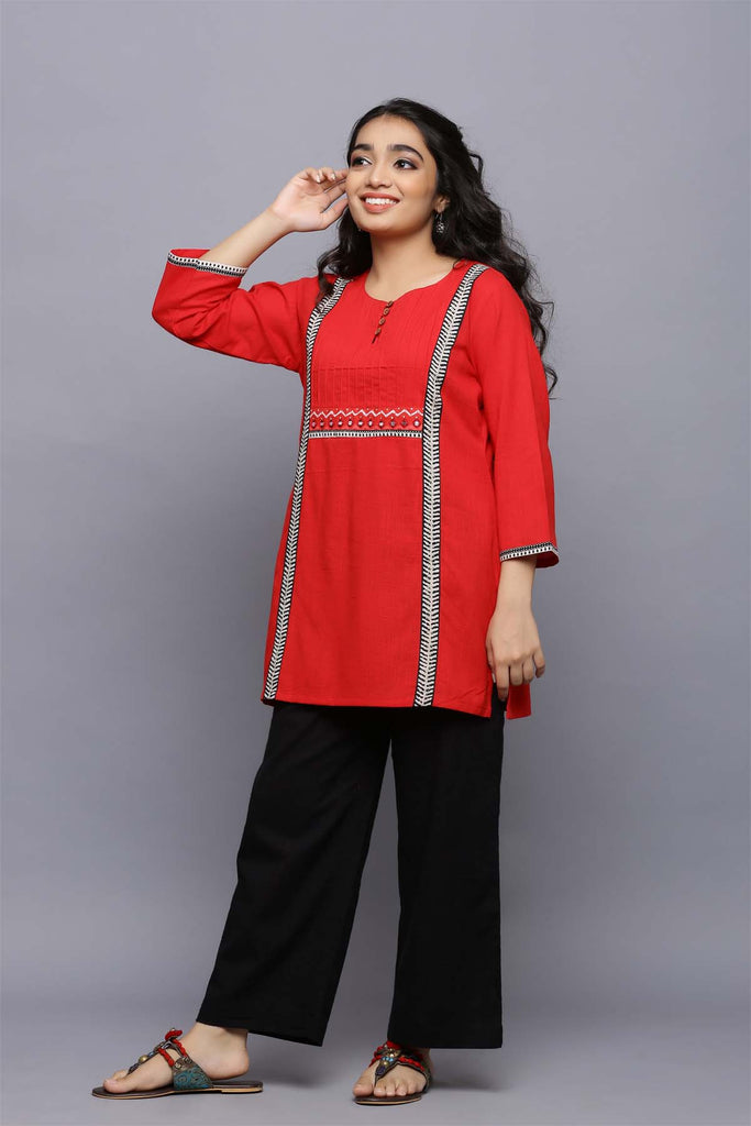 Short Length Kurti In Red Color