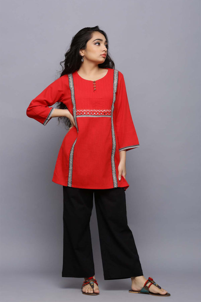 Short Length Kurti In Red Color