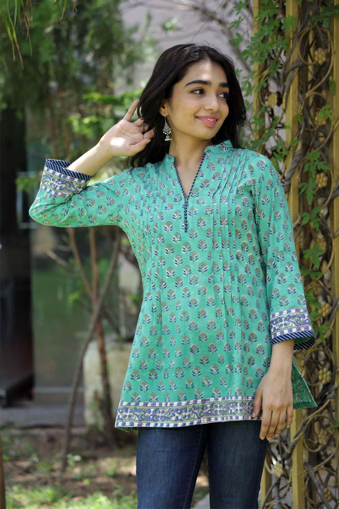 Short length top in Green handblock print