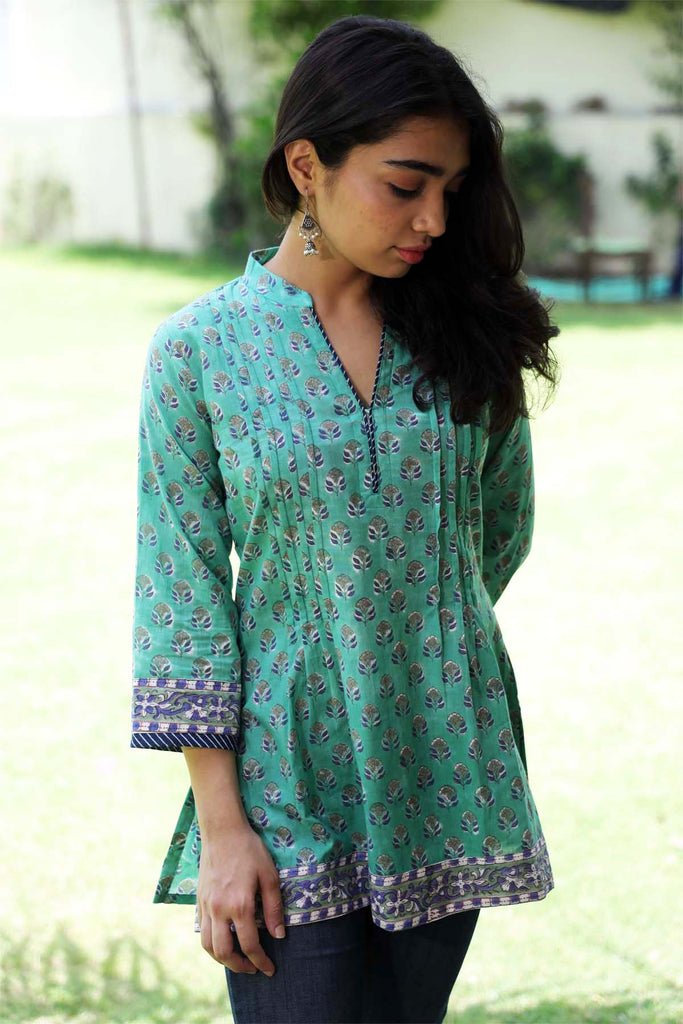 Short length top in Green handblock print