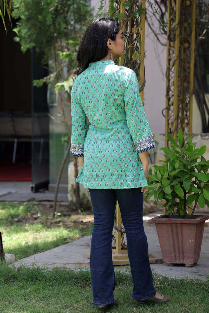 Short length top in Green handblock print