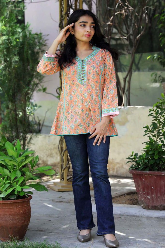 Short Length Kurti In Peach Handblock Print